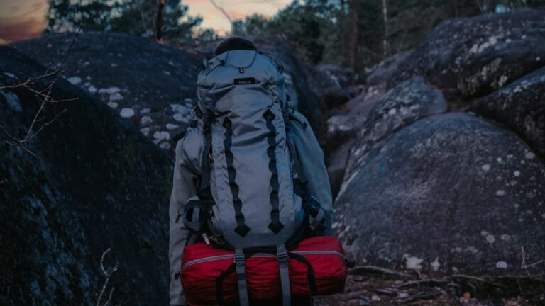 Randonneur avec sac à dos sur un sentier forestier