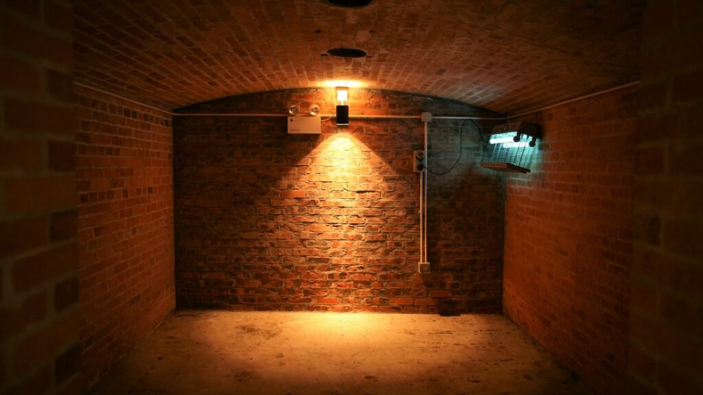 Ampoule allumée sur un mur de briques, ambiance mystère
